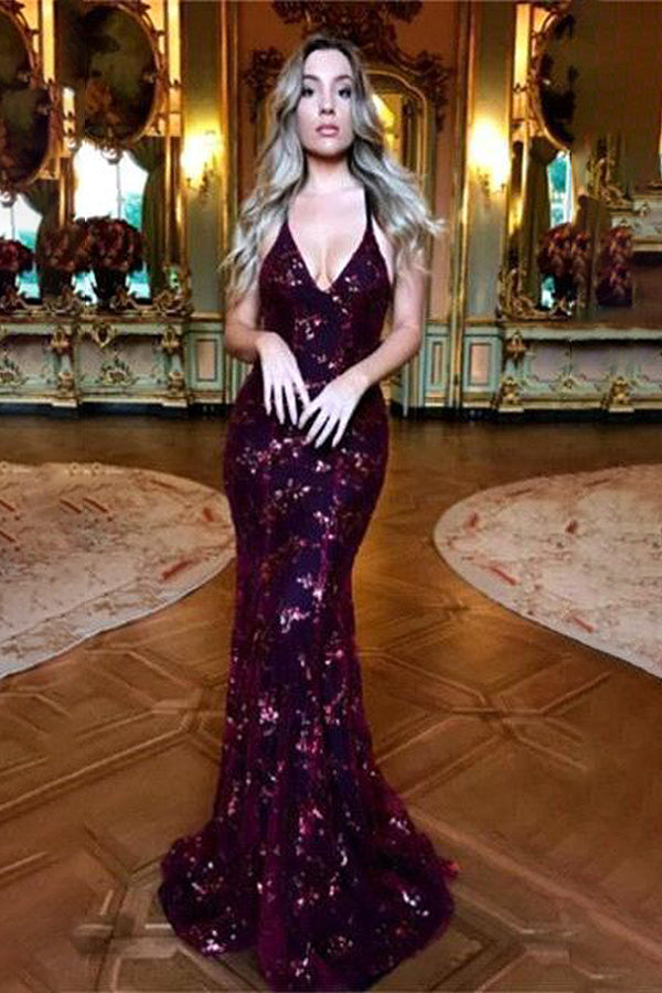 Sexy V-Neck Spaghetti Straps Mermaid Prom Dress Sequins Black Silvery Long-Ballbella