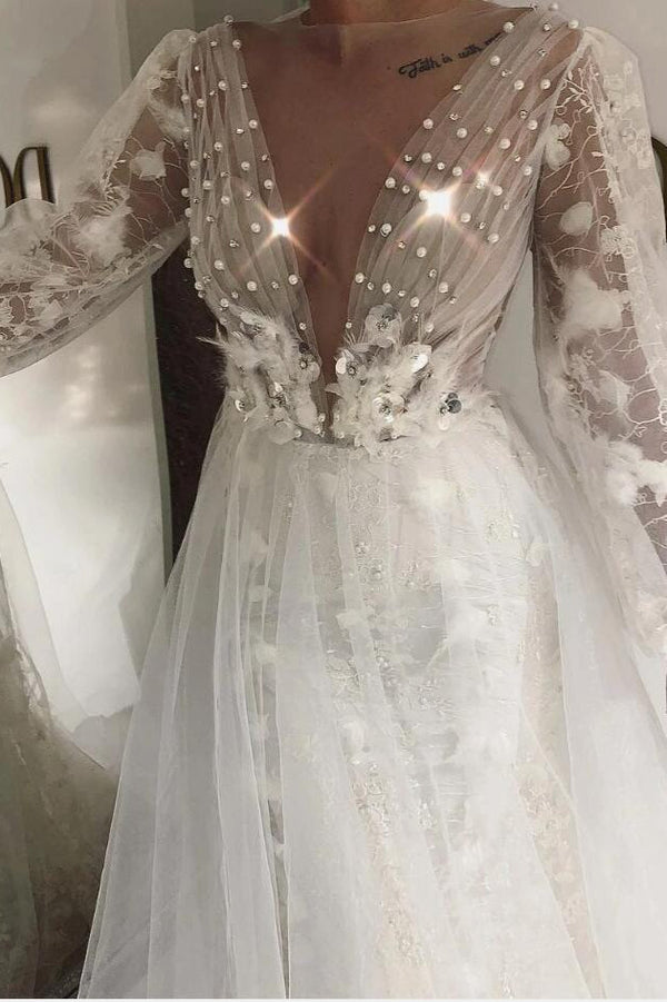 Sexy White Long Tulle Beaded Long Prom Dress With Long Sleeves-Ballbella