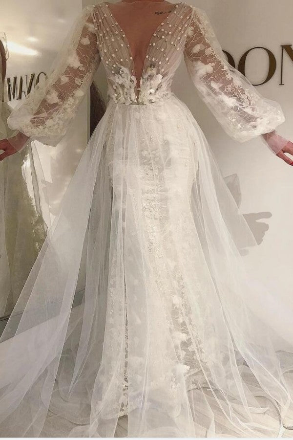 Sexy White Long Tulle Beaded Long Prom Dress With Long Sleeves-Ballbella