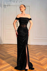 Sharking Black Mermaid Off-The-Shoulder Prom Dresses Sleeveless High Slit With Beadings-Ballbella
