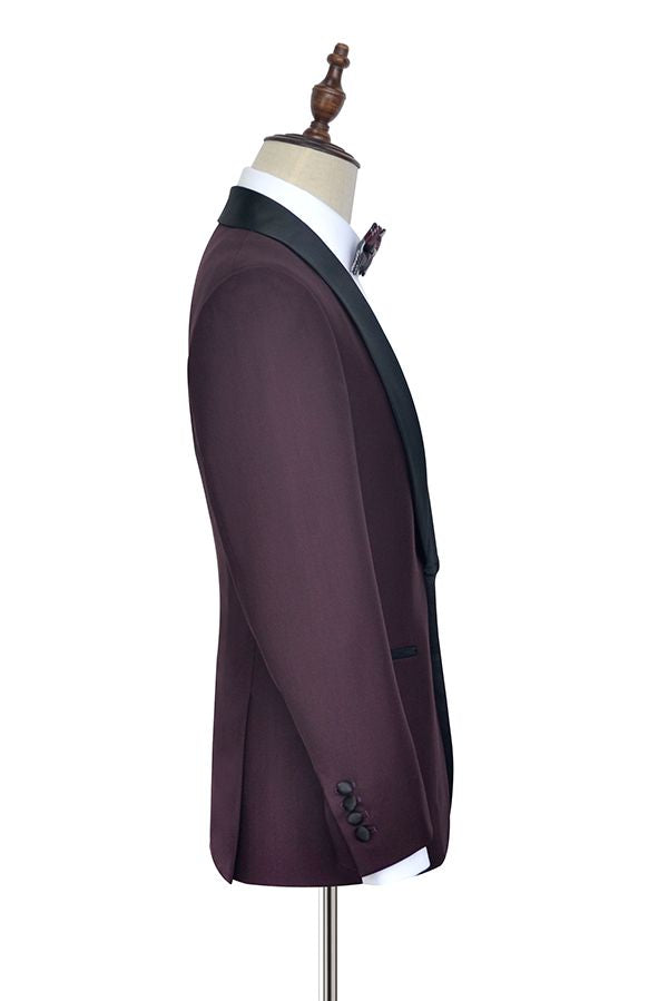 Sharp-looking Black Shawl Collor One Button Burgundy Wedding Suits for Men-Ballbella