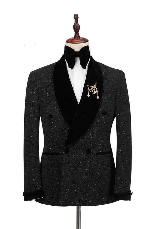 Shawl Lapel Double Breasted Sparkle Black Wedding Suits-Ballbella