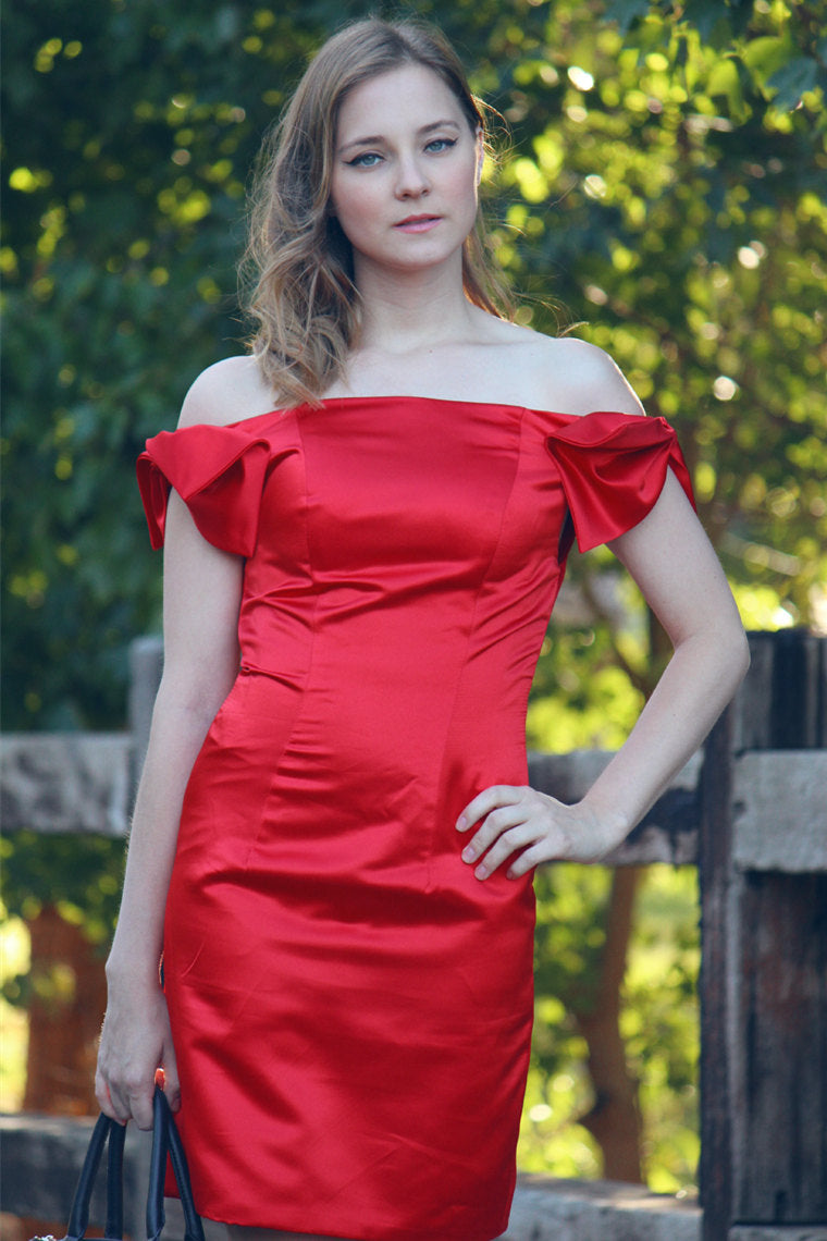 Sheath Off-the-shoulder Knee Length Charmuse Sleeveless Prom Dress-Ballbella