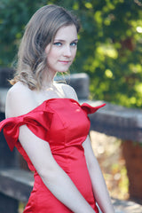 Sheath Off-the-shoulder Knee Length Charmuse Sleeveless Prom Dress-Ballbella