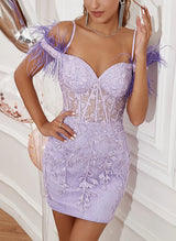 Sheath Off-the-Shoulder Sleeveless Short/Mini Lace Homecoming Dresses-Ballbella