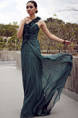 Sheath One-shoulder Floor Length Chiffon Backless Handmade Flower Evening Dress-Ballbella