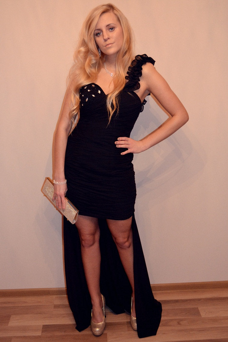 Sheath One-shoulder Hi-low Length Chiffon Rhinestone Prom Dress-Ballbella