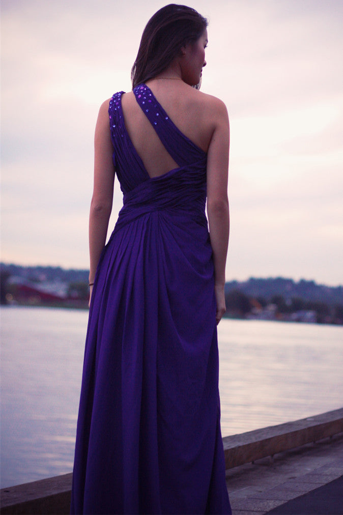 Sheath One-shoulder Sleeveless Floor Length Beaded Chiffon Evening Dress-Ballbella