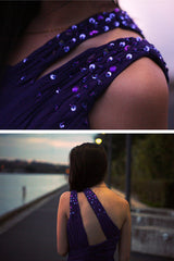 Sheath One-shoulder Sleeveless Floor Length Beaded Chiffon Evening Dress-Ballbella