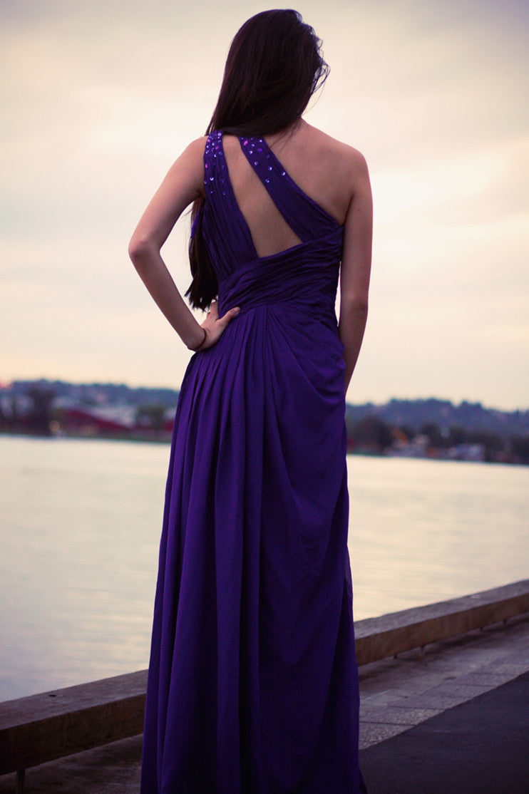 Sheath One-shoulder Sleeveless Floor Length Beaded Chiffon Evening Dress-Ballbella