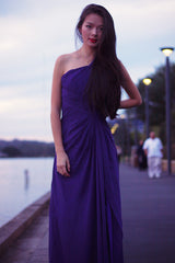 Sheath One-shoulder Sleeveless Floor Length Beaded Chiffon Evening Dress-Ballbella