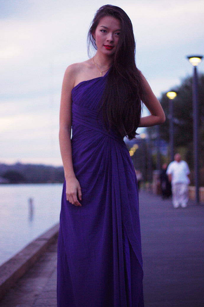 Sheath One-shoulder Sleeveless Floor Length Beaded Chiffon Evening Dress-Ballbella