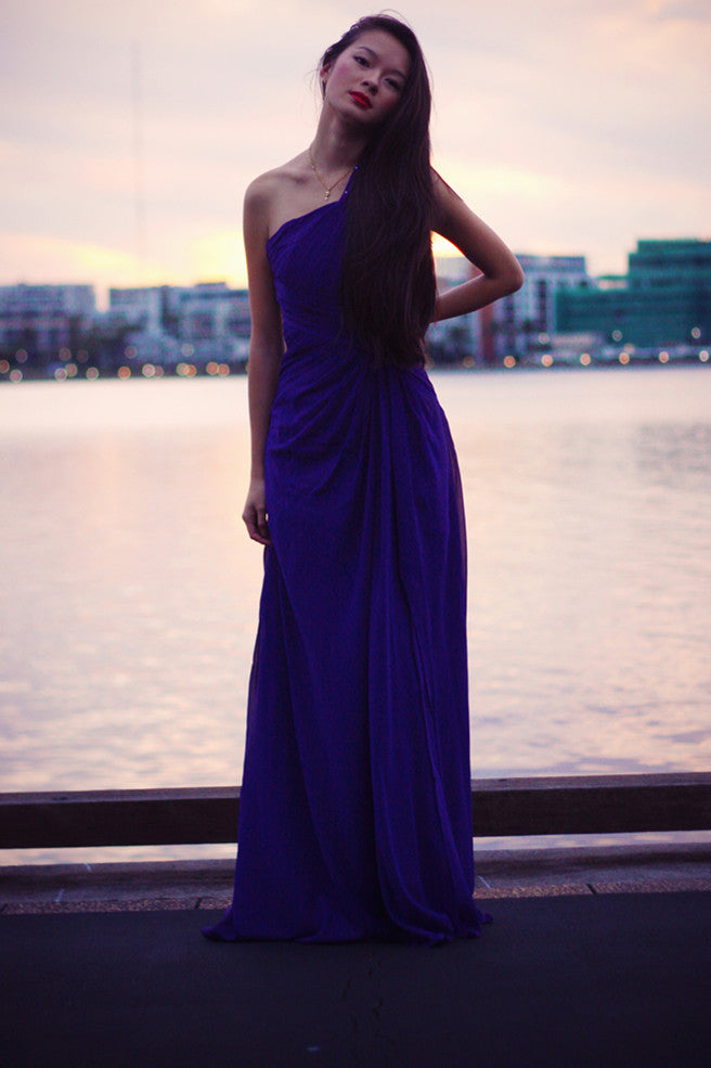 Sheath One-shoulder Sleeveless Floor Length Beaded Chiffon Evening Dress-Ballbella