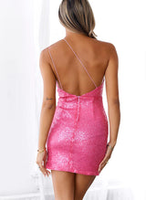 Sheath One-Shoulder Sleeveless Short/Mini Sequined Homecoming Dresses With Split Front-Ballbella