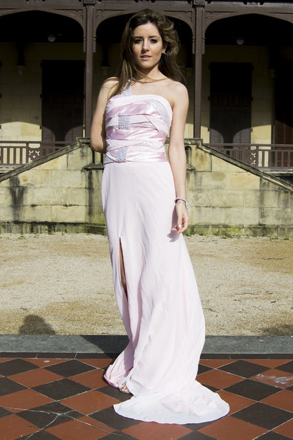 Sheath One-shoulder Wide Strap Front Slit Floor Length Chiffon Paillette Evening Dress-Ballbella