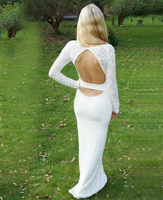 Sheath Round Collar Long Sleeves Backless Floor Length Lace Crochet Flower Evening Dress-Ballbella