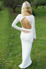 Sheath Round Collar Long Sleeves Backless Floor Length Lace Crochet Flower Evening Dress-Ballbella