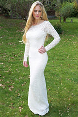 Sheath Round Collar Long Sleeves Backless Floor Length Lace Crochet Flower Evening Dress-Ballbella