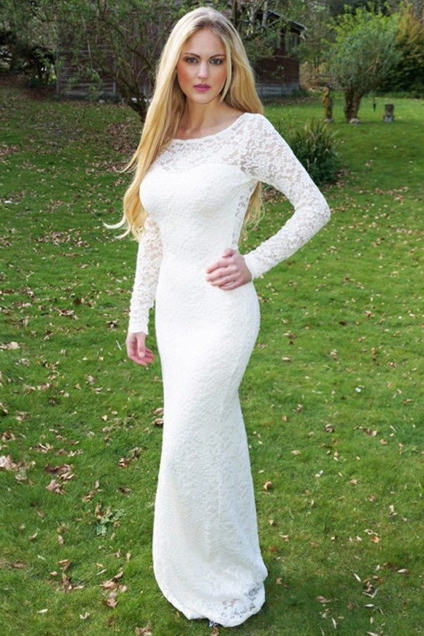 Sheath Round Collar Long Sleeves Backless Floor Length Lace Crochet Flower Evening Dress-Ballbella