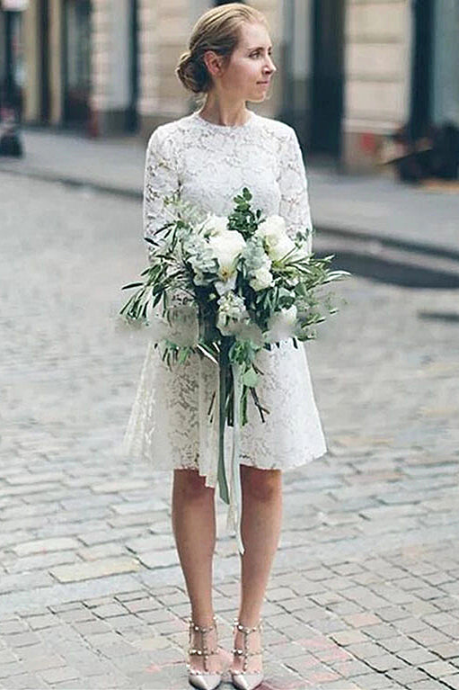 Sheath Small Round Collar Knee Length Long Sleeve Tulle Applique Lace Wedding Dress-Ballbella