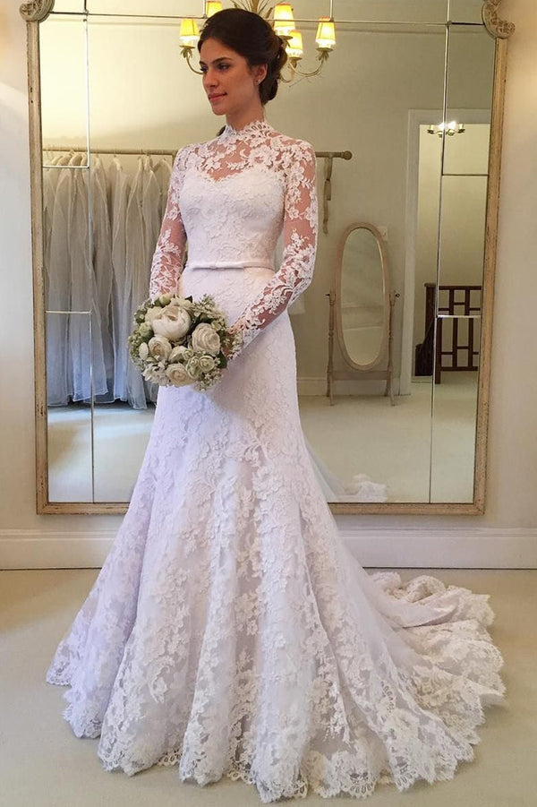 Sheath Small Round Collar Long Sleeves Sweep Train Tulle Applique Lace Wedding Dress-Ballbella