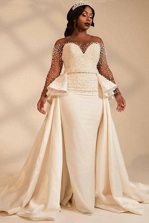 Sheath Sweetheart Floor Length Chiffon Wide Hem Beaded Wedding Dress-Ballbella