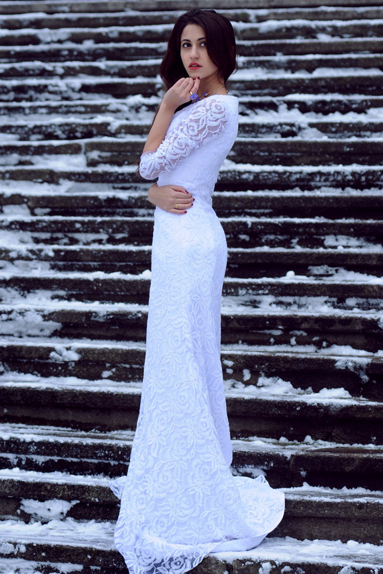 Sheath V-neck Floor Length Tulle Applique Lace Wedding Dress-Ballbella