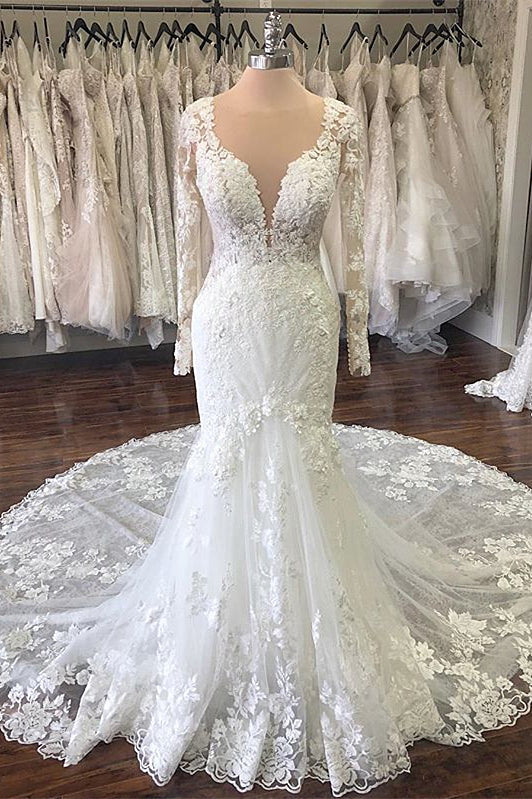 Sheath V-neck Floor Length Tulle Applique Wedding Dress-Ballbella