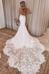 Sheath V-neck Spaghetti Strap Floor Length Backless Chiffon Applique Wedding Dress-Ballbella