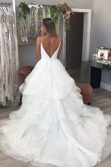 Sheath V-neck Spaghetti Strap Floor Length Backless Tulle Applique Wedding Dress-Ballbella