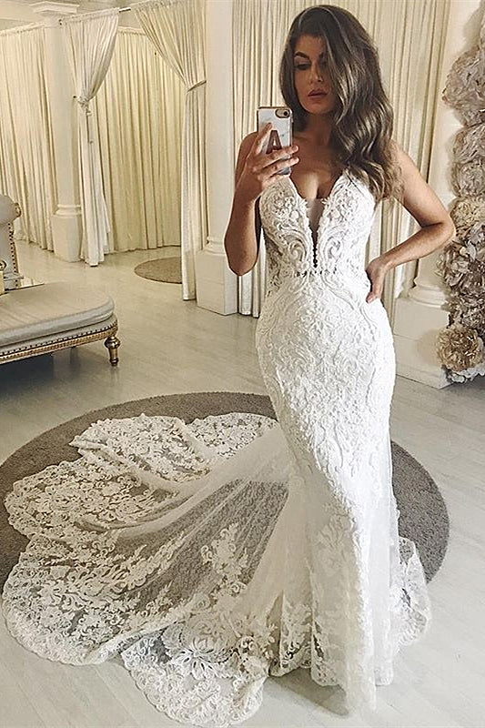 Sheath V-neck Spaghetti Strap Floor Length Tulle Applique Wedding Dress-Ballbella