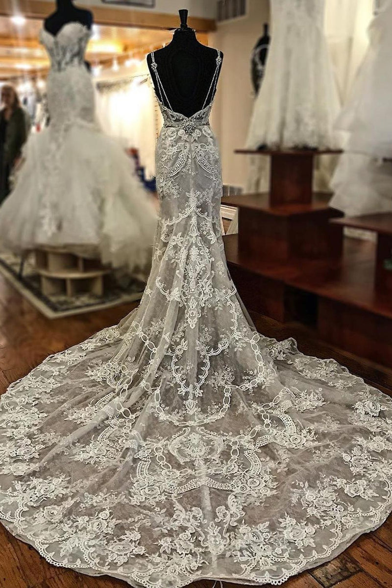 Sheath V-neck Wide Strap Floor Length Backless Tulle Lace Applique Wedding Dresses Sheath V-neck Wide Strap Floor Length Backless Tulle Lace Applique Wedding Dresses