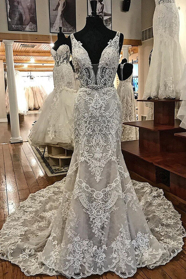 Sheath V-neck Wide Strap Floor Length Backless Tulle Lace Applique Wedding Dresses Sheath V-neck Wide Strap Floor Length Backless Tulle Lace Applique Wedding Dresses