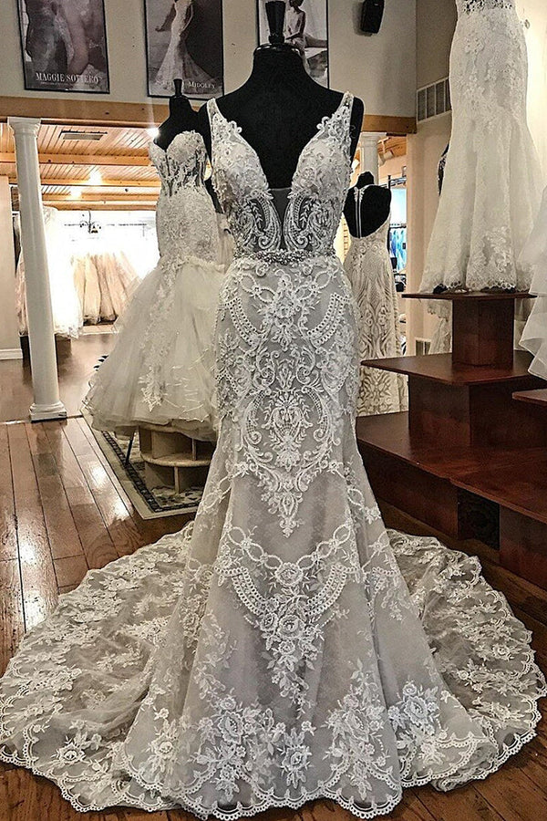 Sheath V-neck Wide Strap Floor Length Backless Tulle Lace Applique Wedding Dresses-Ballbella