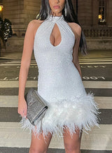 Sheath/Column Halter Short/Mini Sequined Homecoming Dress-Ballbella