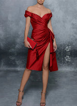 Sheath/Column Off-The-Shoulder Satin Homecoming Dresses With Split Front-Ballbella