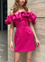 Sheath/Column Off-The-Shoulder Short/Mini Satin Homecoming Dresses-Ballbella