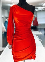 Sheath/Column One-Shoulder Long Sleeves Short/Mini Satin Homecoming Dresses-Ballbella