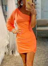 Sheath/Column One-Shoulder Long Sleeves Short/Mini Satin Homecoming Dresses-Ballbella