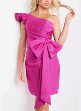 Sheath/Column One-Shoulder Short/Mini Satin Homecoming Dresses With Bow(s)-Ballbella