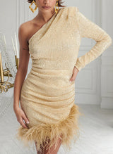 Sheath/Column One-Shoulder Short/Mini Sequined Homecoming Dress-Ballbella
