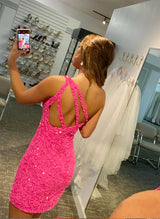 Sheath/Column One-Shoulder Sleeveless Sequined Short/Mini Homecoming Dresses With Sequins-Ballbella
