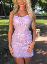Sheath/Column Scoop Neck Short/Mini Lace Homecoming Dresses-Ballbella