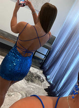 Sheath/Column Scoop Neck Short/Mini Sequined Homecoming Dresses-Ballbella
