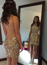 Sheath/Column Scoop Neck Tulle Sleeveless Sequined Short/Mini Homecoming Dresses With Beading Sequins-Ballbella