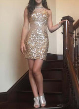 Sheath/Column Scoop Neck Tulle Sleeveless Sequined Short/Mini Homecoming Dresses With Beading Sequins-Ballbella