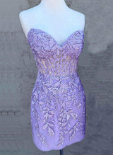 Sheath/Column Sleeveless Strapless Lace Short/Mini Homecoming Dresses With Lace-Ballbella