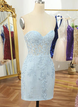 Sheath/Column Sleeveless Strapless Lace Short/Mini Homecoming Dresses With Lace-Ballbella