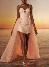 Sheath/Column Sweetheart Detachable Tulle/Sequined Homecoming Dresses-Ballbella