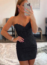 Sheath/Column Sweetheart Sleeveless Short/Mini Lace Homecoming Dresses-Ballbella